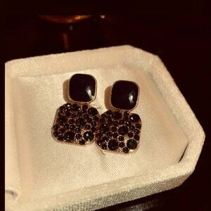Black & Gold Square Rhinestone Earrings